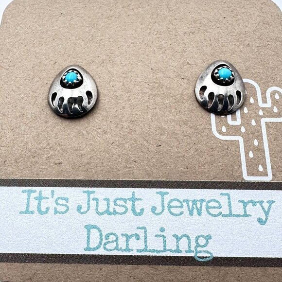 American Southwest Womans Mens Earrings Blue Turquoise Sterling Silver Bear Paw - Picture 1 of 4
